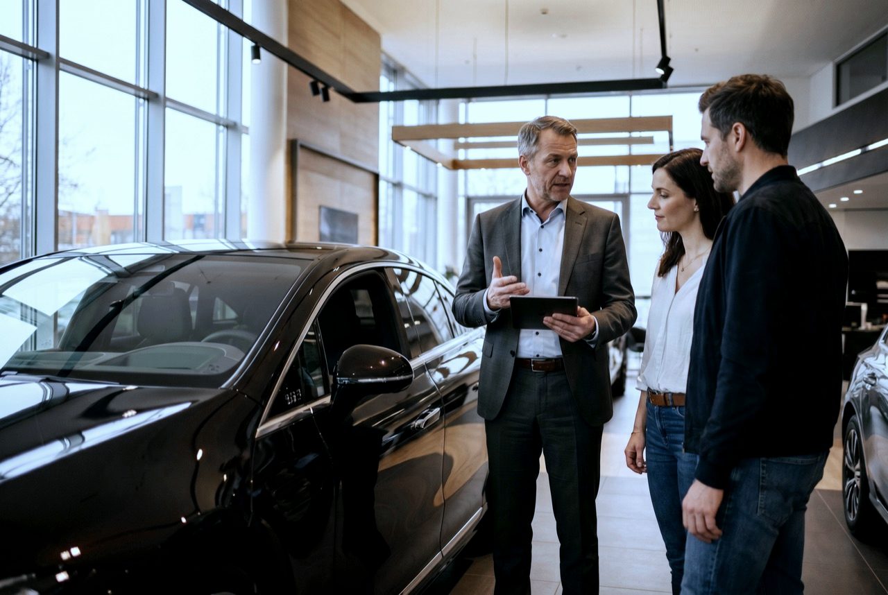 Verkaufsgespräch im Showroom: Tablet, Premiumfahrzeug, Augenhöhe