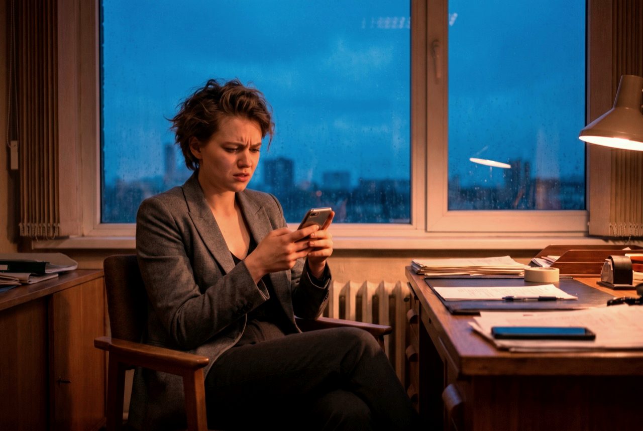 Junge Geschäftsfrau wartet abends auf Antwort am Smartphone