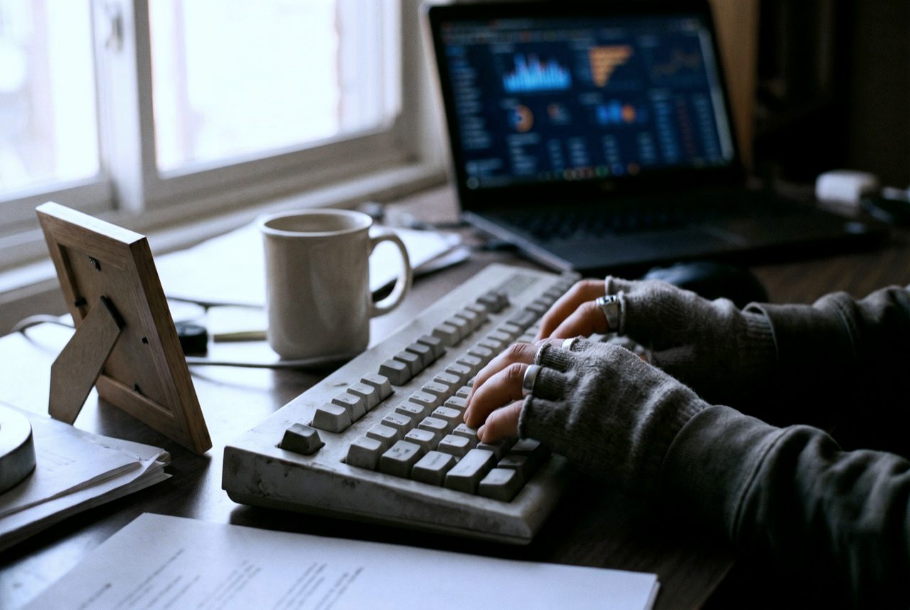 Hände auf mechanischer Tastatur mit Dashboard im Hintergrund