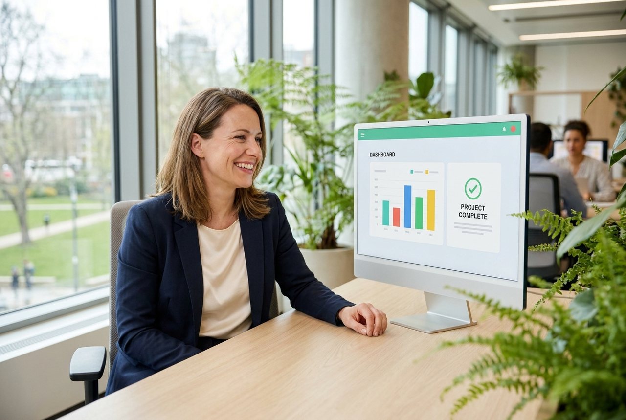 Zufriedene Fachkraft im hellen Büro lächelt beim Blick auf einen Monitor mit einem aufgeräumten Projekt-Dashboard