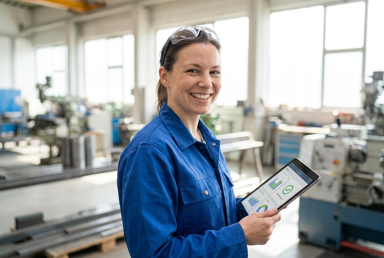 Lächelnde Metallbauerin schaut in ihrer hellen Werkstatt zufrieden auf ein Tablet mit einem einfachen Dashboard