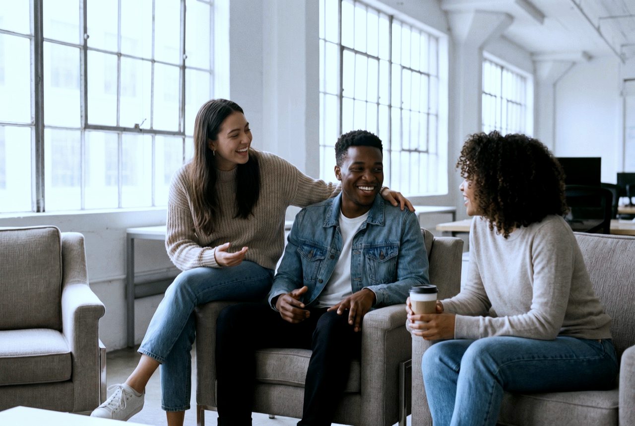 Drei junge Bewerberinnen und Bewerber im Gespräch in einem modernen Office-Lounge