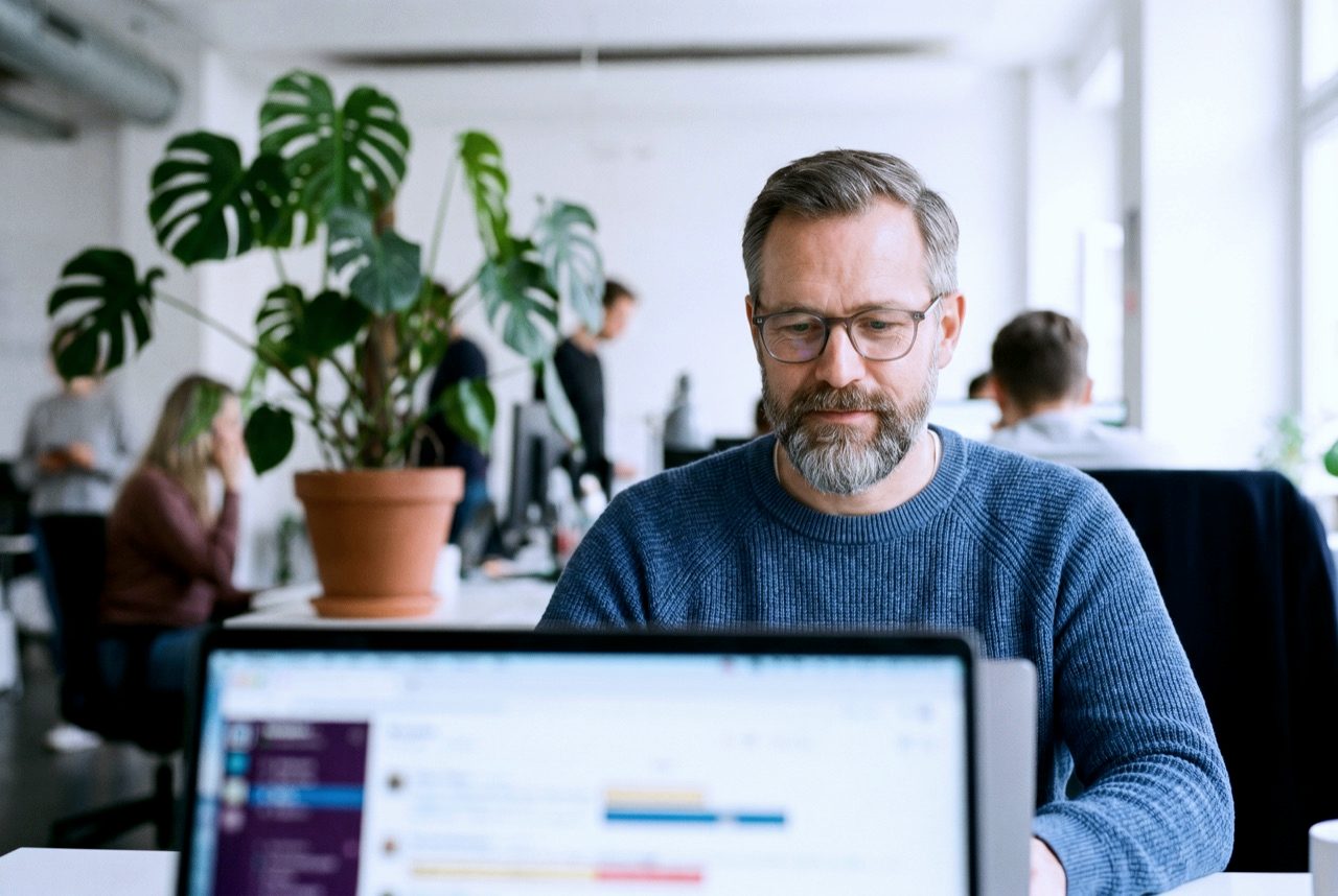 HR-Profi am Laptop in einem modernen Open-Office