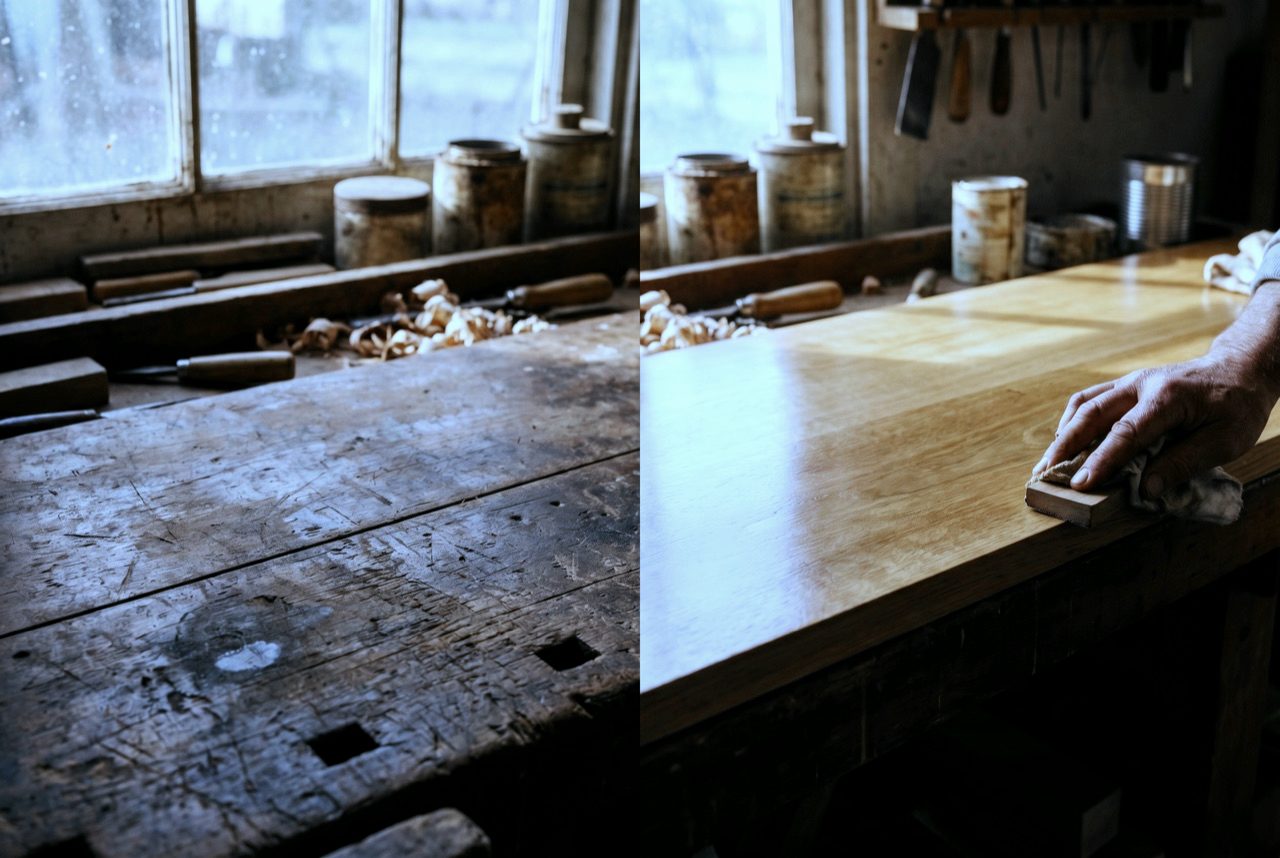 Vorher-Nachher-Detail einer Holzrestauration in der Werkstatt