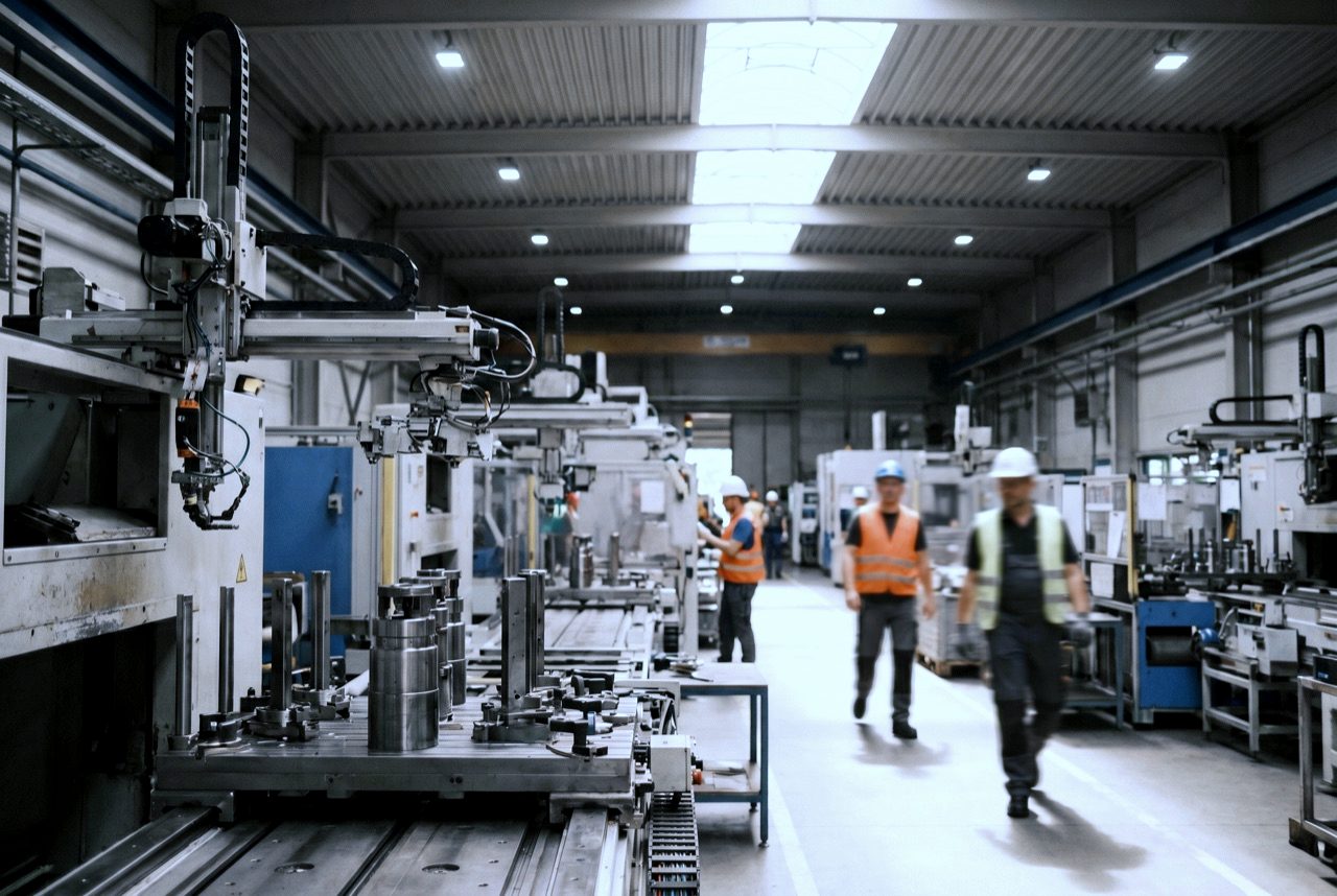 Wide-Shot einer hellen Mittelstands-Maschinenhalle bei Tagschicht