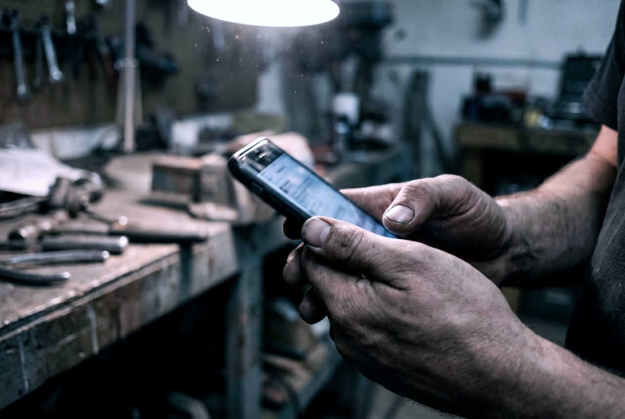 Hand eines Handwerkers mit Smartphone vor Werkstatt-Hintergrund