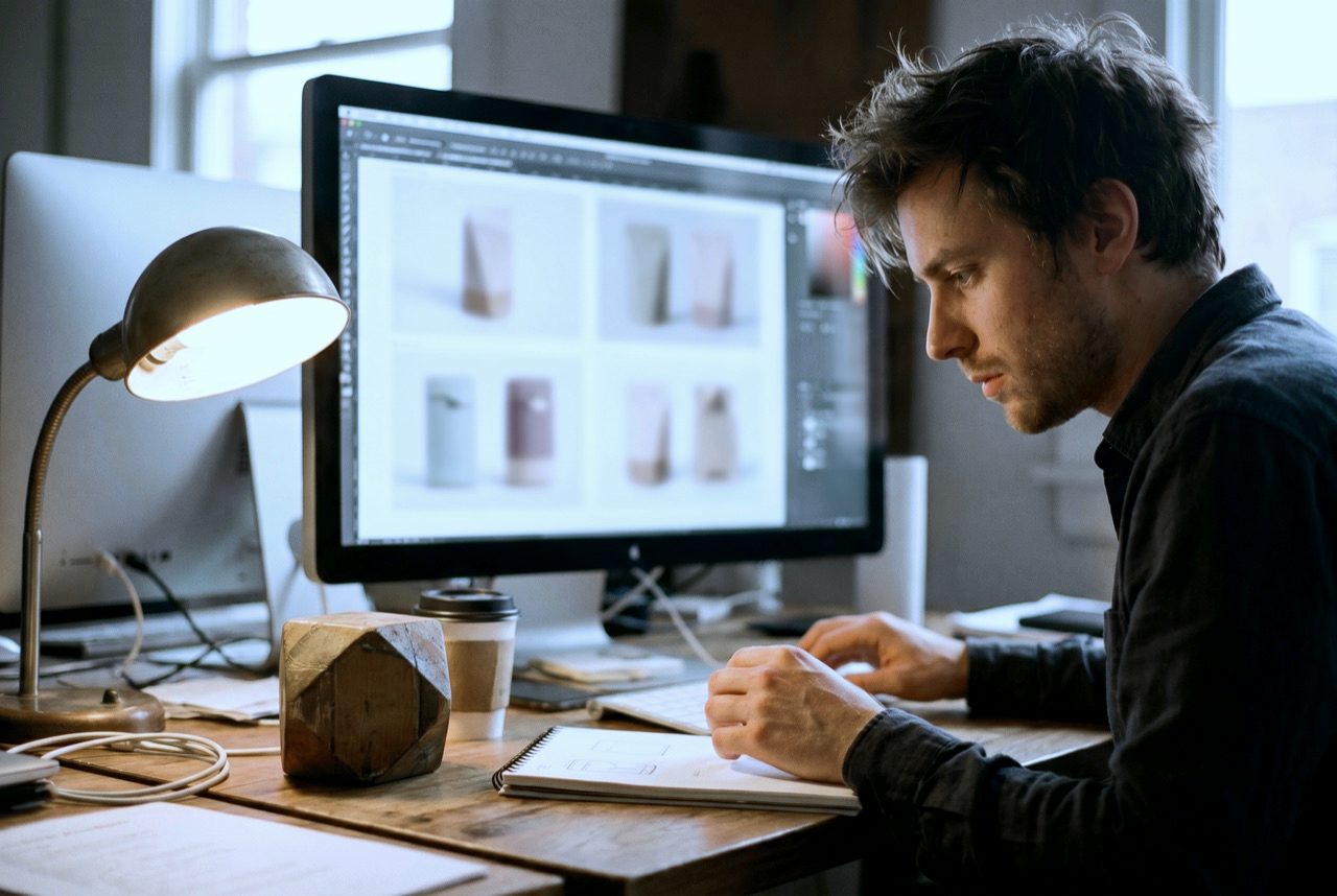 Designer prüft Produktbild-Varianten am Workstation-Bildschirm