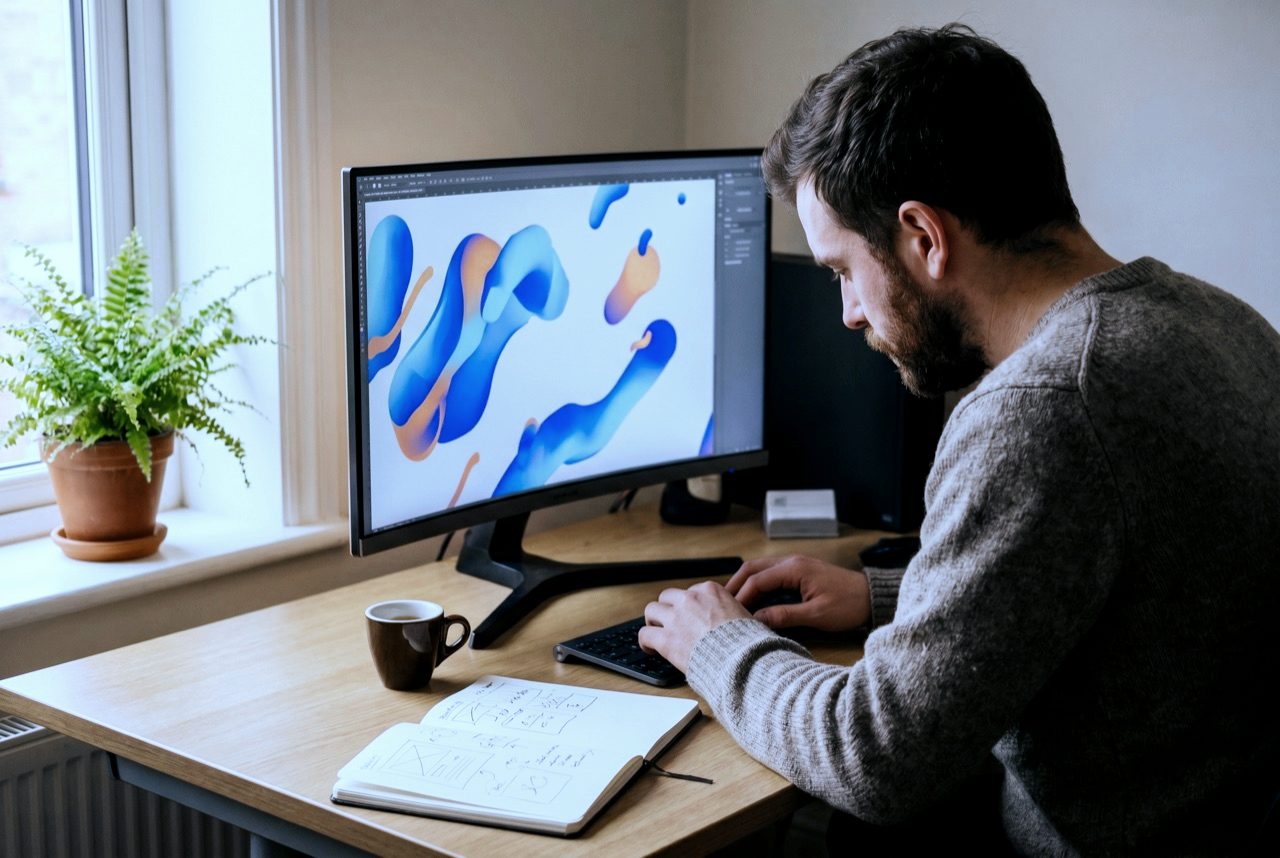 Webdesigner am 27-Zoll-Monitor mit Hero-Section-Entwurf