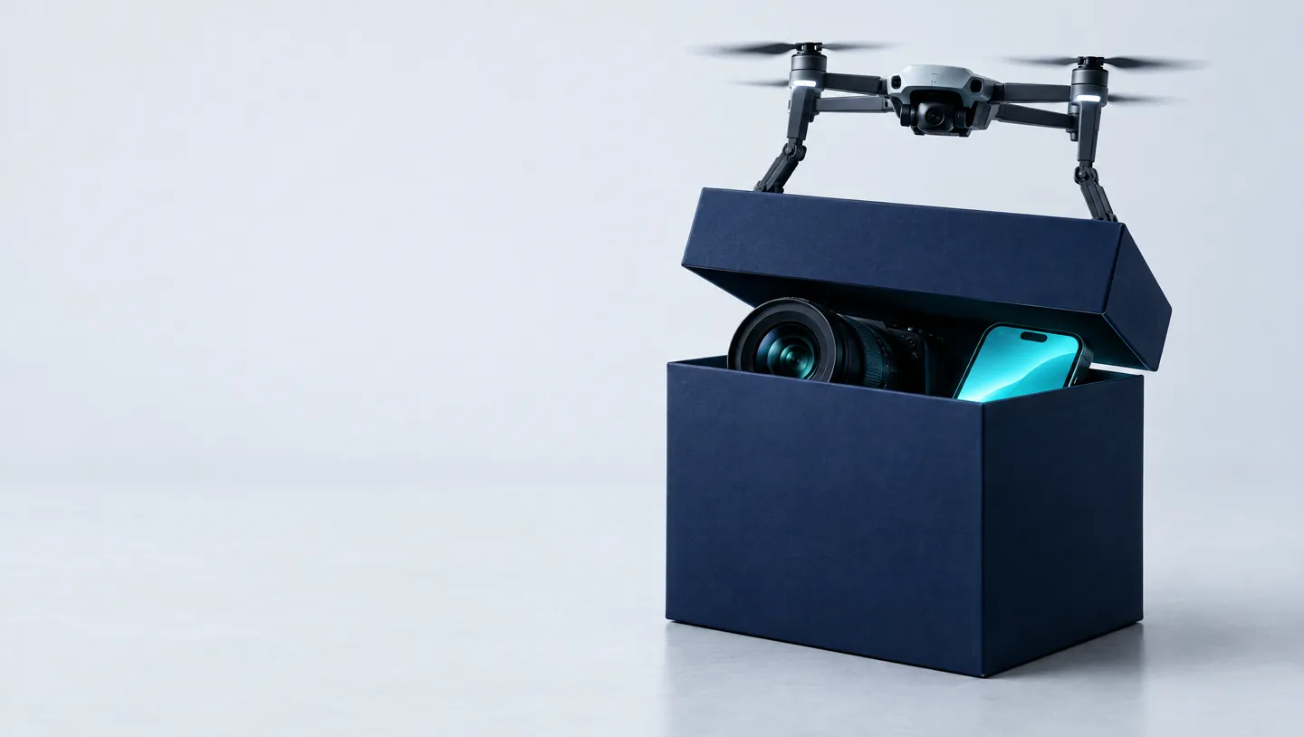 Eine Drohne hebt den Deckel eines Pakets, darin warten Kamera und Smartphone