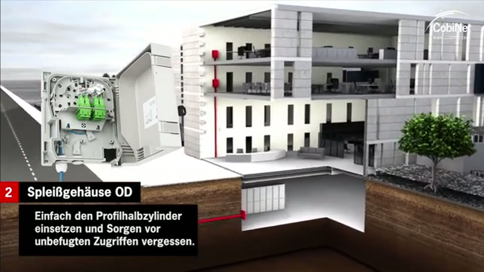 Szene aus dem Produktfilm für CobiNet: 3D-Schnitt durch ein Gebäude mit Glasfaser-Spleißgehäuse und erklärender Beschriftung