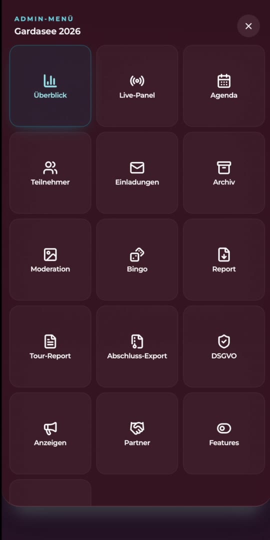 Admin-Steuerzentrale — Screenshot aus der Garda Event-App