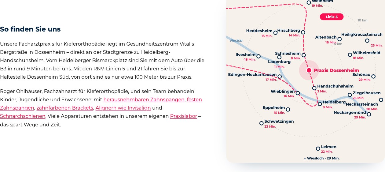 Interaktive Einzugsgebiets-Karte auf kfo-heidelberg.de mit Fahrzeiten nach Dossenheim