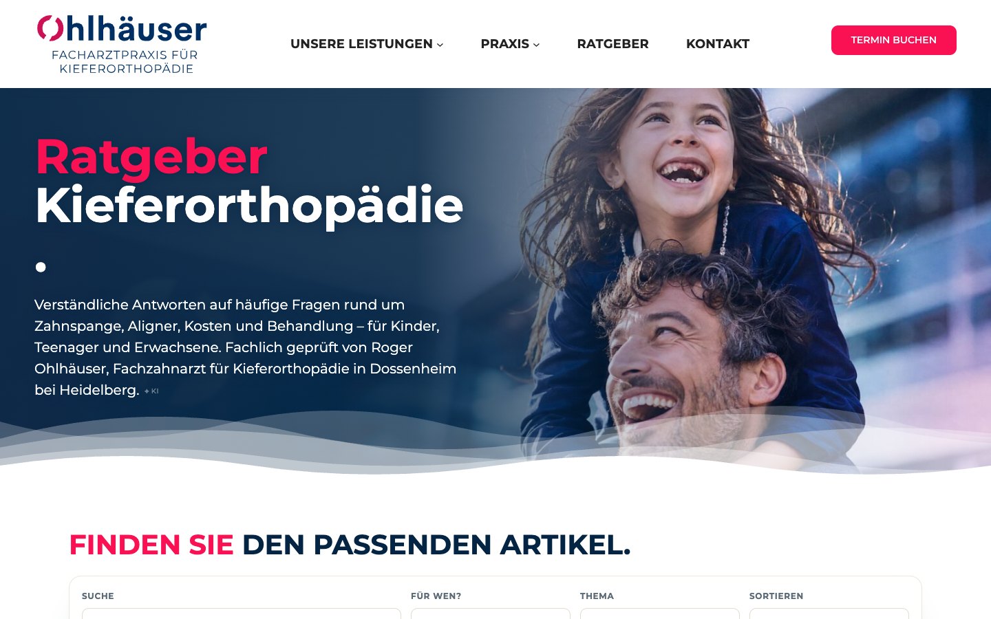Ratgeber-Übersicht auf kfo-heidelberg.de mit Artikel-Finder