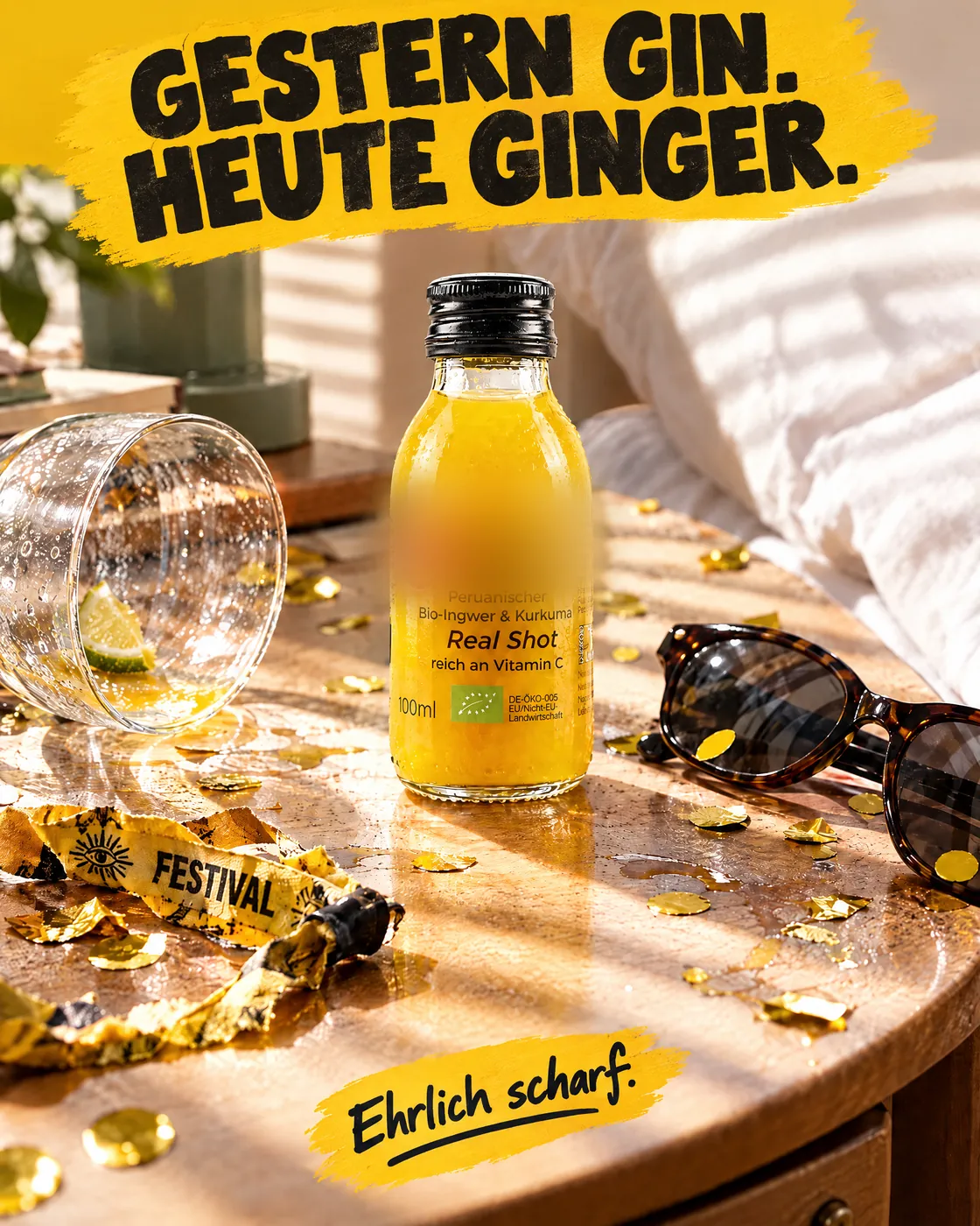 KI-Entwurf: Nachttisch am Neujahrsmorgen mit Ginger Shot, Konfetti und Sonnenbrille