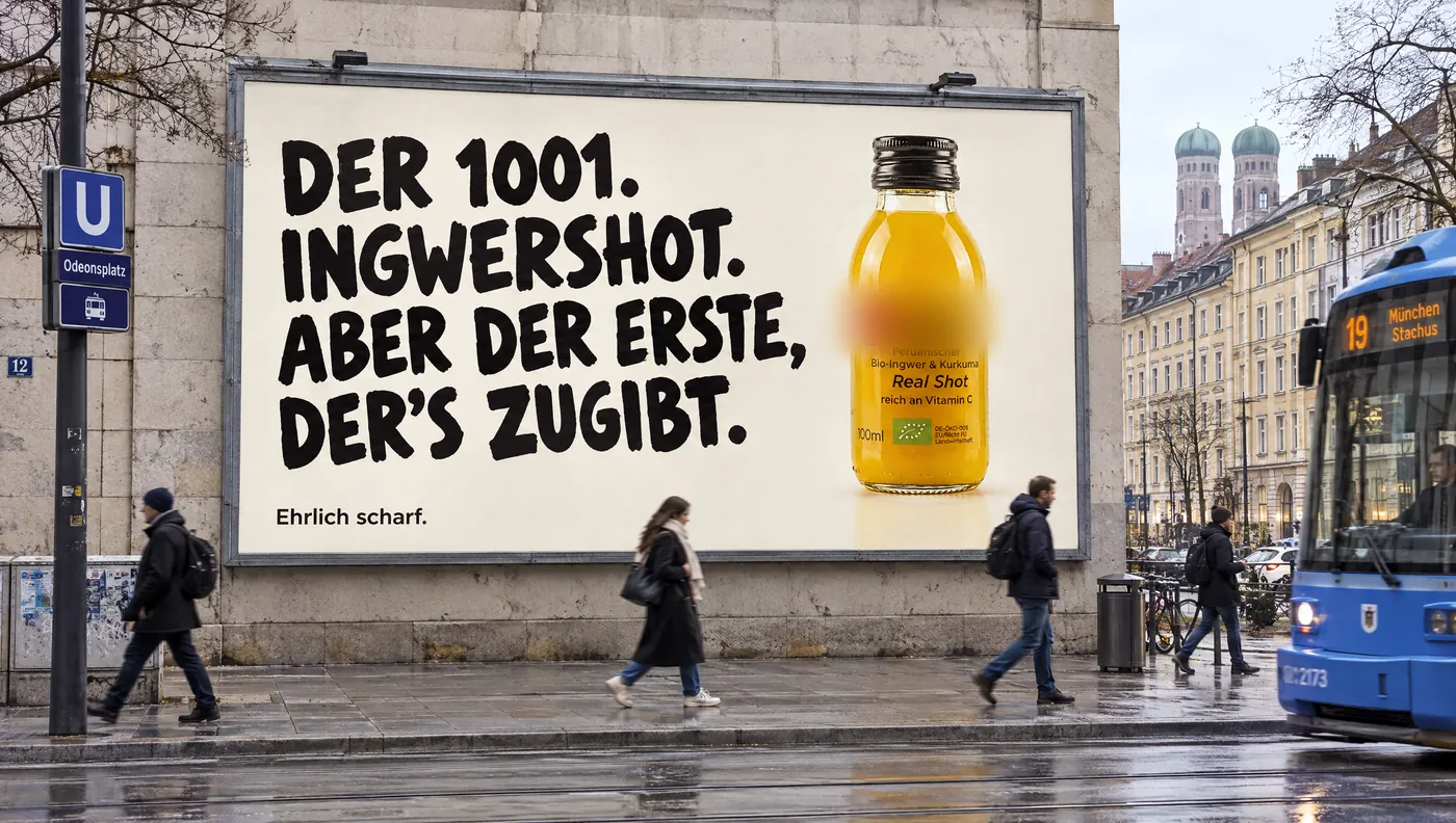 KI-Entwurf: Großflächenplakat „Der 1001. Ingwershot. Aber der erste, der’s zugibt.“ in einer Innenstadt