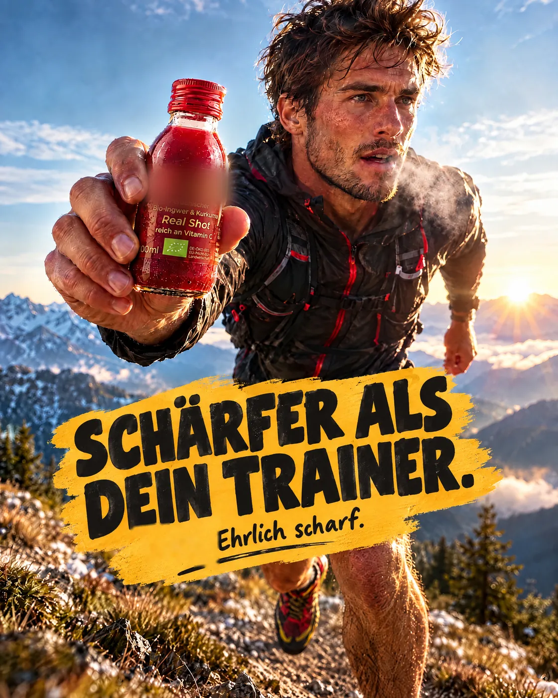 KI-Entwurf: Trailrunner in den Alpen streckt einen roten Shot in die Kamera