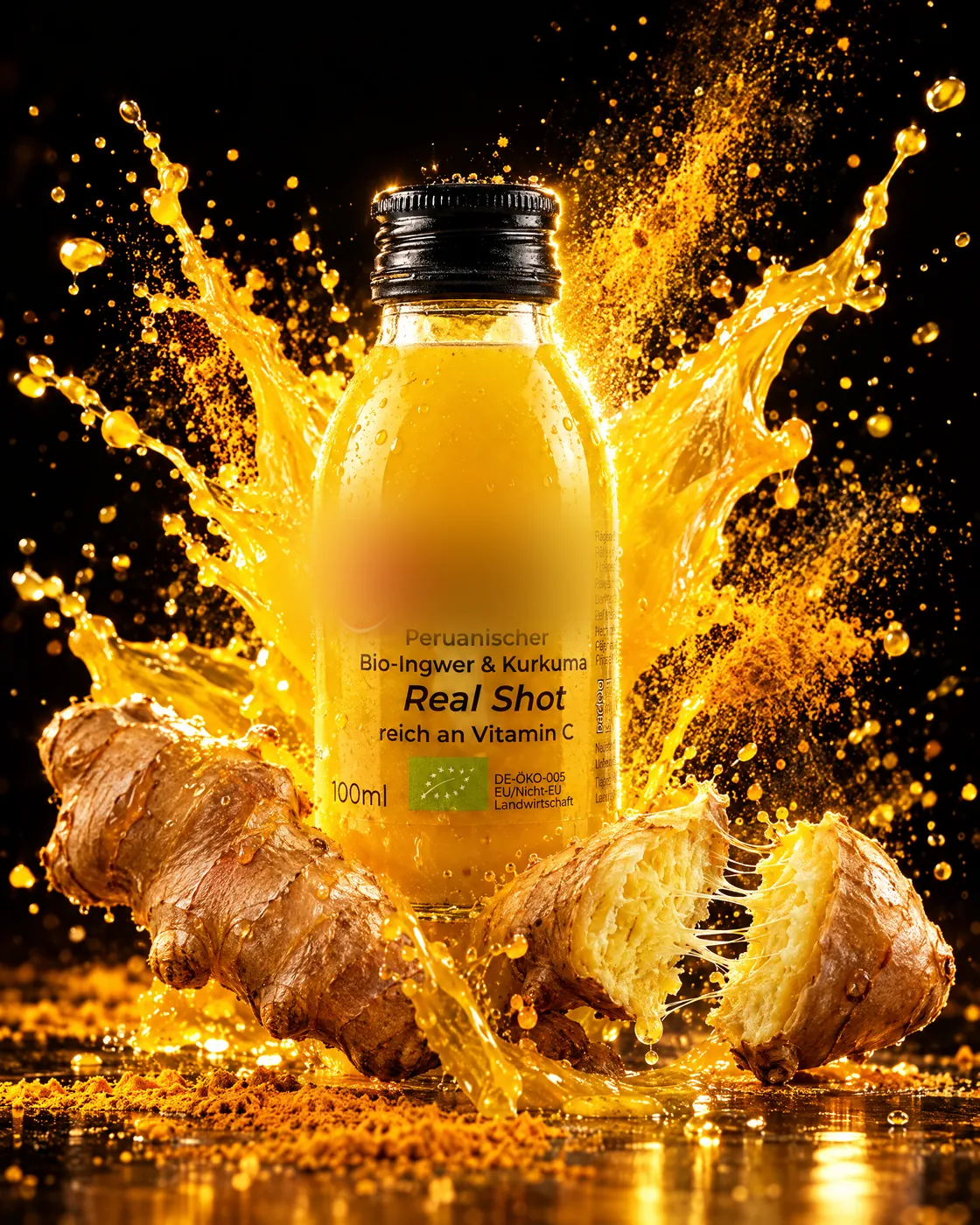 KI-Entwurf: Ginger Shot mit aufgebrochener Ingwerknolle, goldenem Spritzer und Kurkuma-Staub vor schwarzem Hintergrund
