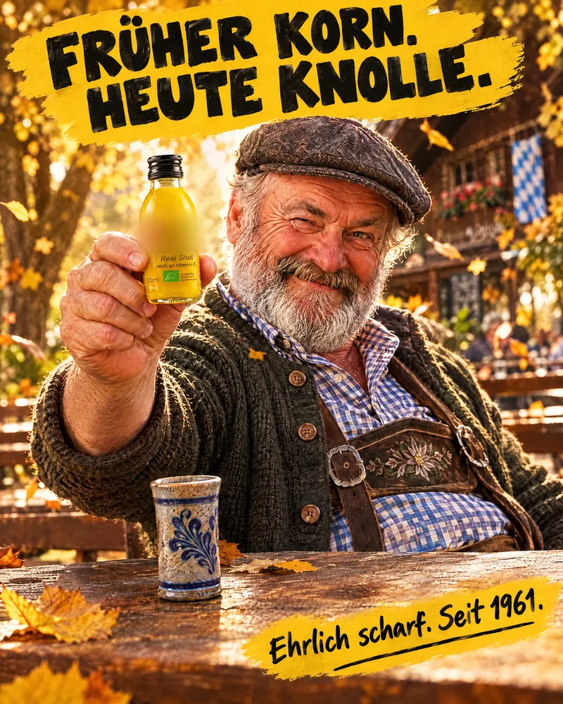 KI-Entwurf: älterer Mann in Tracht prostet mit Shot, „Früher Korn. Heute Knolle.“