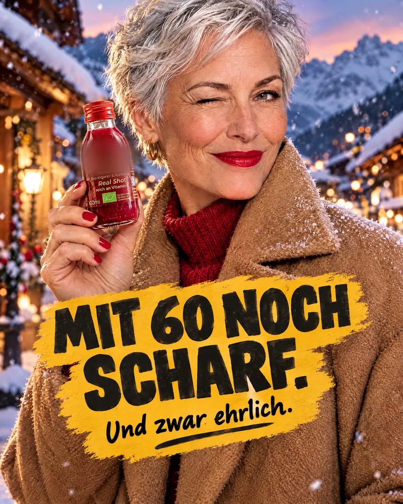 KI-Entwurf: Frau mit grauen Haaren zwinkert im verschneiten Bergdorf, „Mit 60 noch scharf.“