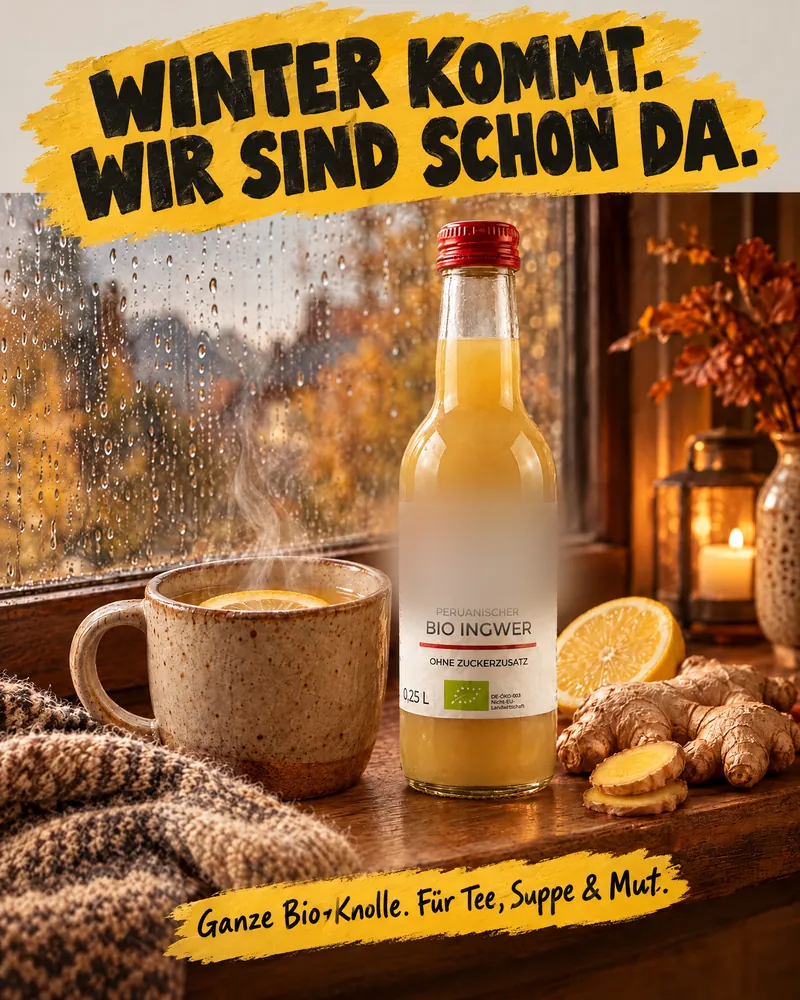 KI-Entwurf: große Flasche neben Teetasse am Fenster, „Winter kommt. Wir sind schon da.“