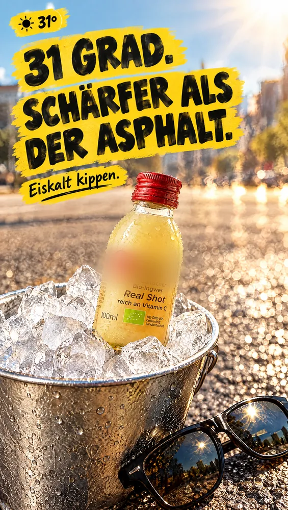 KI-Entwurf: Shot im Eiskübel auf heißem Asphalt, „31 Grad. Schärfer als der Asphalt.“