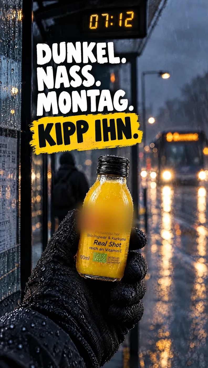 KI-Entwurf: Hand im Handschuh hält einen Shot an einer verregneten Haltestelle, „Dunkel. Nass. Montag. Kipp ihn.“