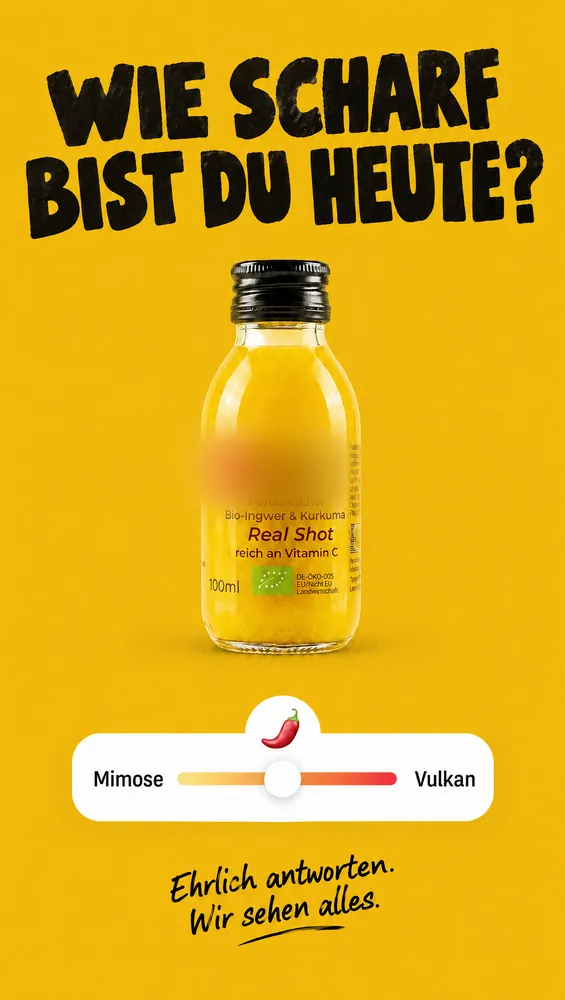 KI-Entwurf: Plakat mit Schärfe-Regler von Mimose bis Vulkan, „Wie scharf bist du heute?“