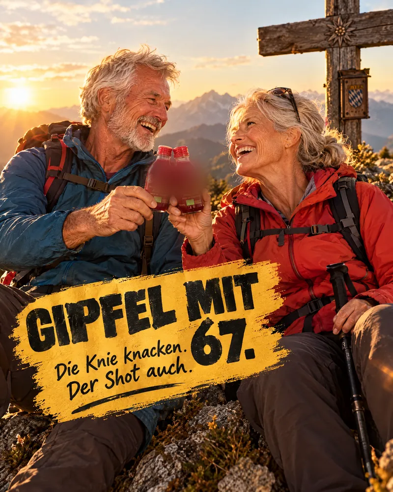 KI-Entwurf: älteres Paar auf dem Gipfel, „Gipfel mit 67.“