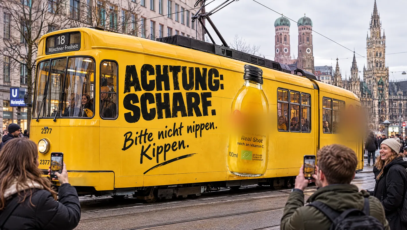 KI-Entwurf: ingwergelbe Straßenbahn mit „Achtung: Scharf. Bitte nicht nippen. Kippen.“, Passanten filmen