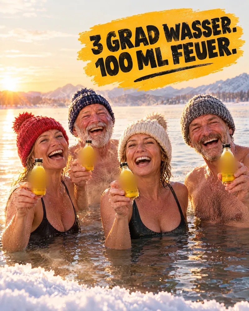 KI-Entwurf: Eisbader im See mit Shots, „3 Grad Wasser. 100 ml Feuer.“