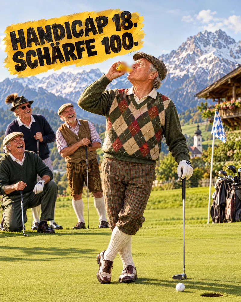 KI-Entwurf: Älterer Golfer im Karo-Pullunder kippt einen Ingwershot vor Alpenkulisse, seine Kumpels lachen, „Handicap 18. Schärfe 100.“