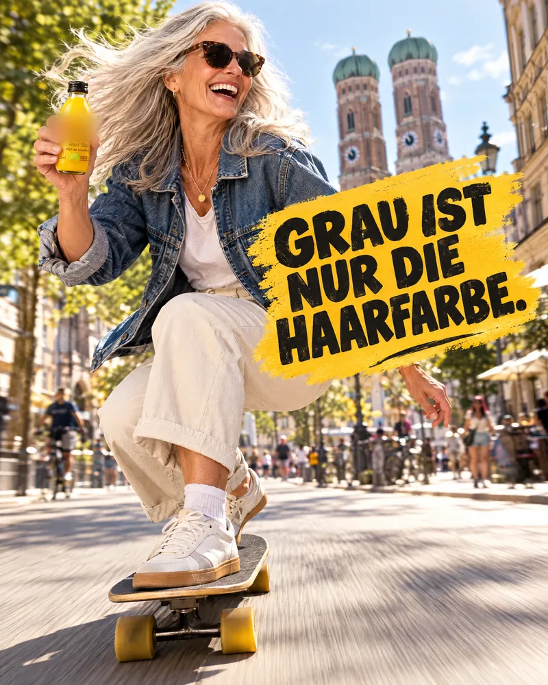 KI-Entwurf: Frau mit grauen Haaren auf dem Skateboard, „Grau ist nur die Haarfarbe.“