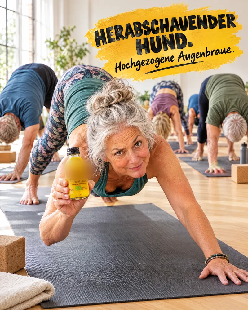 KI-Entwurf: Yoga-Gruppe, „Herabschauender Hund. Hochgezogene Augenbraue.“
