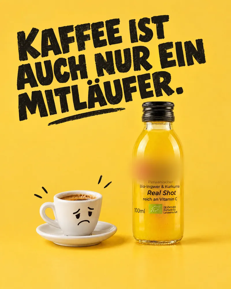 KI-Entwurf: traurige Kaffeetasse neben dem Shot, „Kaffee ist auch nur ein Mitläufer.“