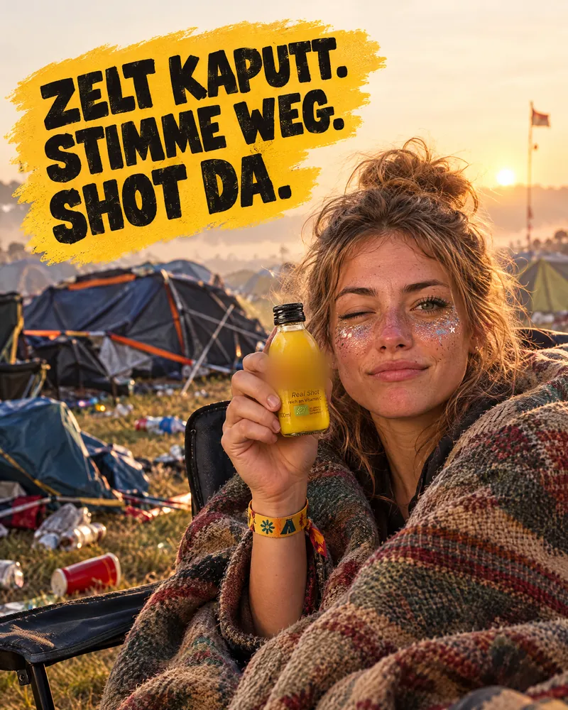 KI-Entwurf: Festivalbesucherin zwinkert, „Zelt kaputt. Stimme weg. Shot da.“