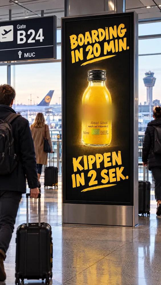 KI-Entwurf: Werbesäule am Flughafen, „Boarding in 20 Min. Kippen in 2 Sek.“