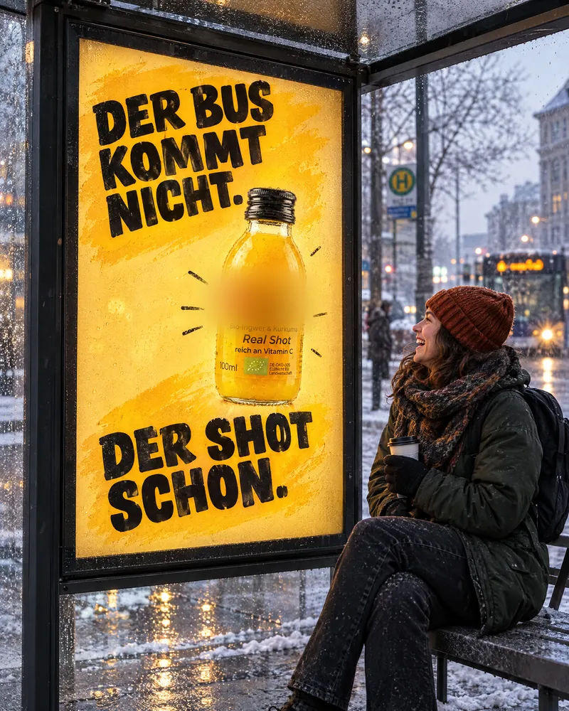 KI-Entwurf: Plakat im Wartehäuschen, „Der Bus kommt nicht. Der Shot schon.“