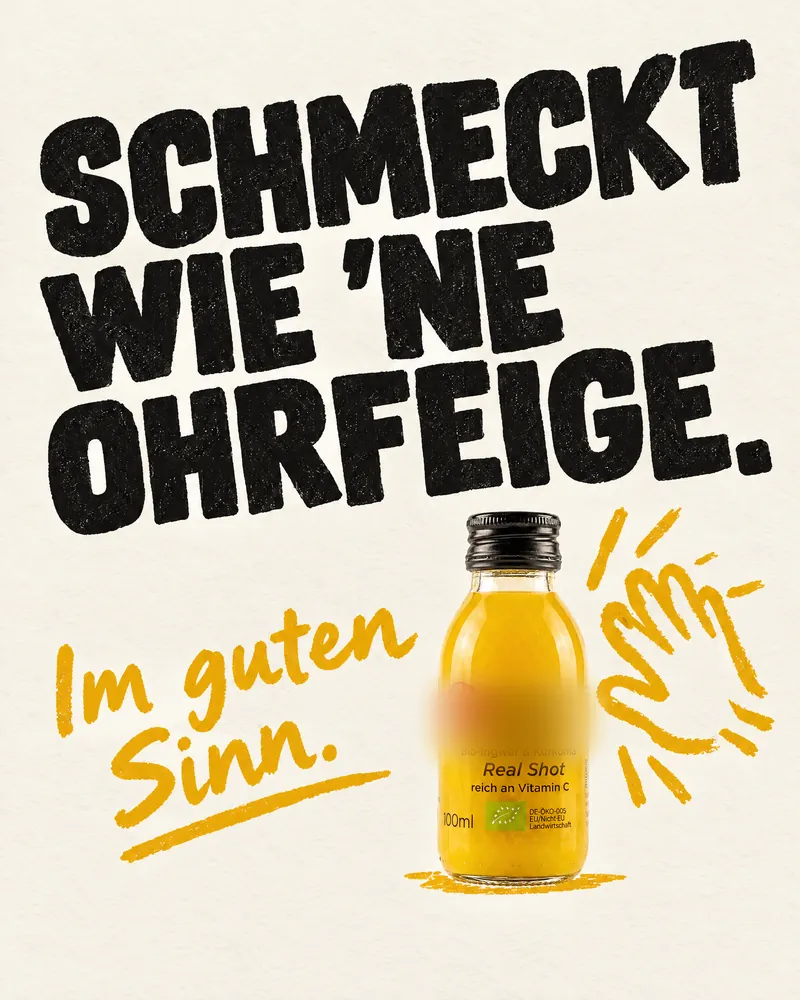 KI-Entwurf: Plakat „Schmeckt wie ’ne Ohrfeige. Im guten Sinn.“