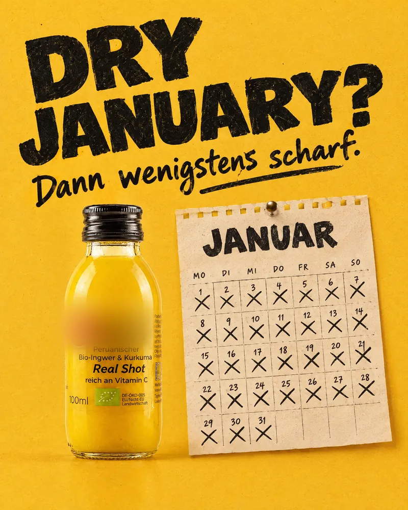 KI-Entwurf: Kalender mit durchgestrichenen Tagen, „Dry January? Dann wenigstens scharf.“