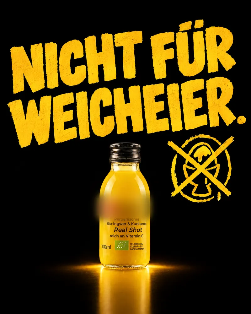 KI-Entwurf: Shot vor Schwarz, „Nicht für Weicheier.“