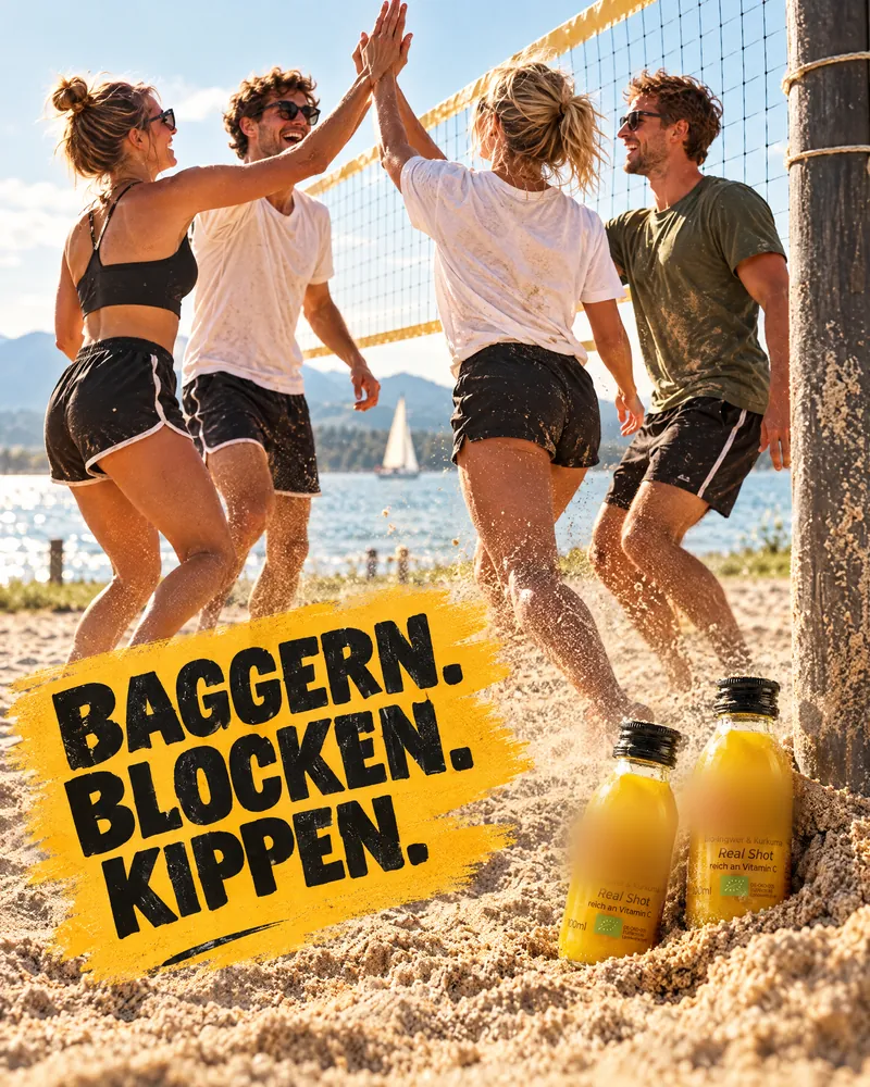 KI-Entwurf: Beachvolleyball, „Baggern. Blocken. Kippen.“