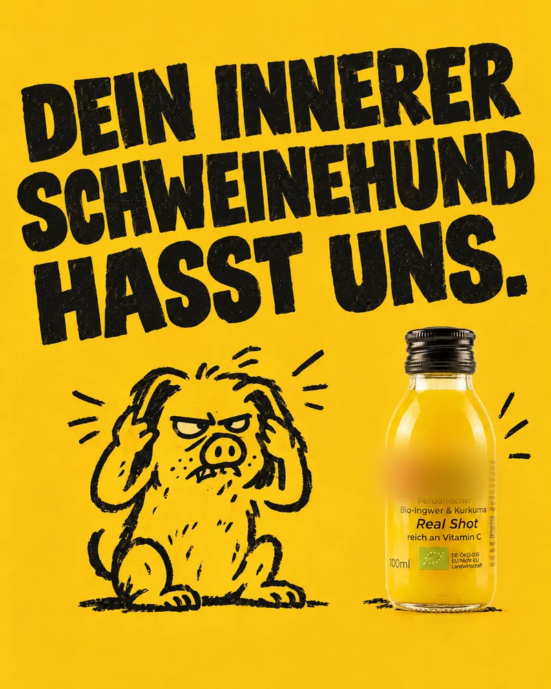 KI-Entwurf: gezeichneter Schweinehund hält sich die Ohren zu, „Dein innerer Schweinehund hasst uns.“