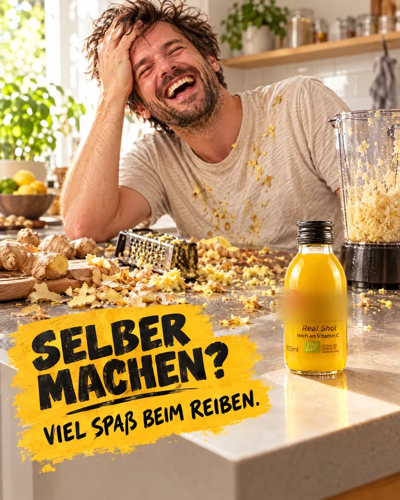 KI-Entwurf: Mann lacht über einer Küche voller Ingwerreste, „Selber machen? Viel Spaß beim Reiben.“
